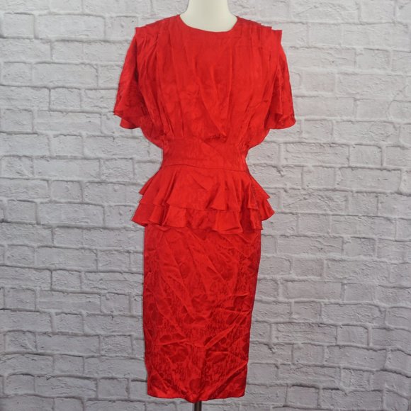 Vintage 80s Floral Silk Dolman Flutter Sleeve Peplum Dress 8 - Picture 1 of 7
